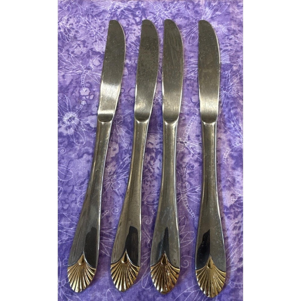 Royal Gallery Stainless Gold Fan Accent Dinner Knife Knives Set Of 4 Korea 18/8